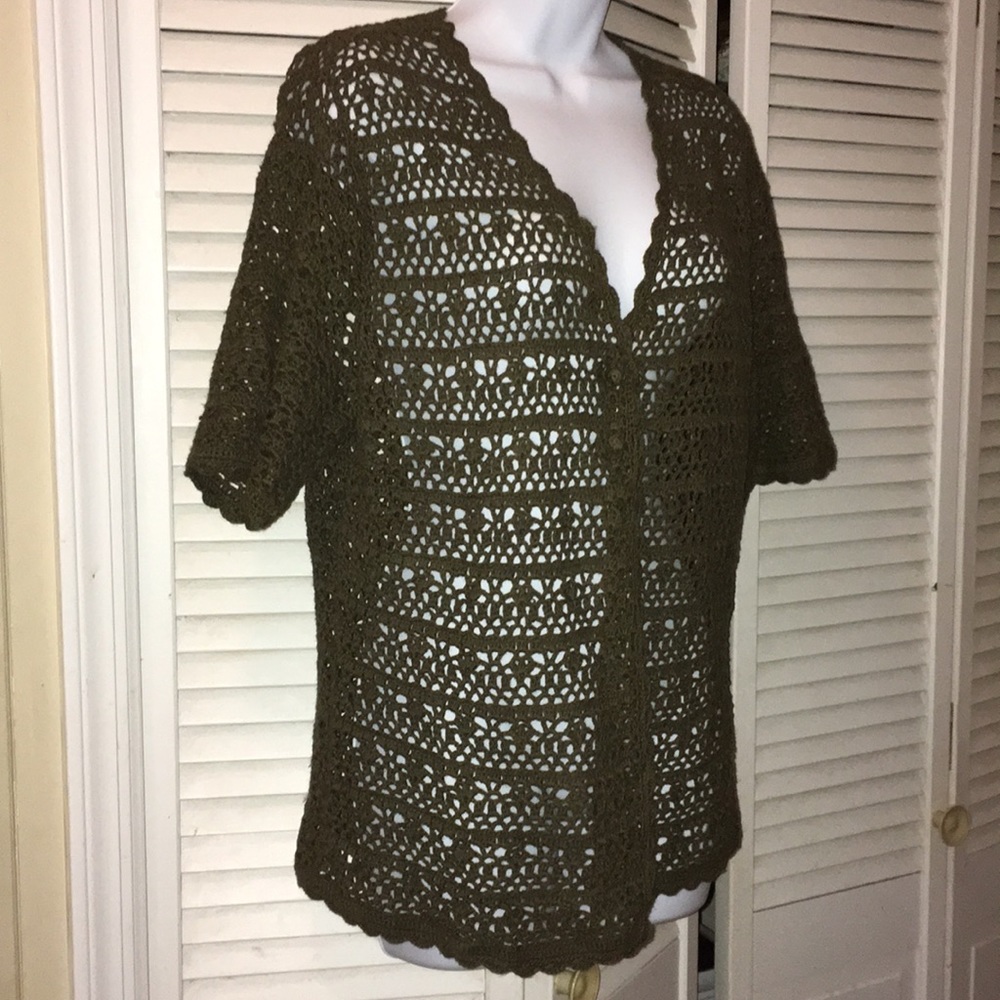 Laura Scott crochet olive green open front size XL